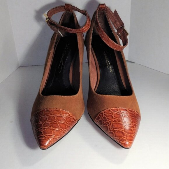 Womens Camel Heels Size 9 Brown Suede Pump Shoes Ankle Strap Hal Rubenstein - Picture 3 of 4